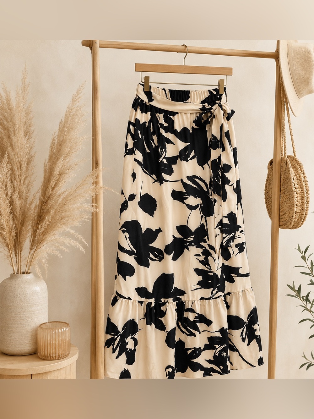 SHEIN Cream & Black Floral Maxi Skirt | Tie Waist | Size XL - NWOT - Picture 2 of 8